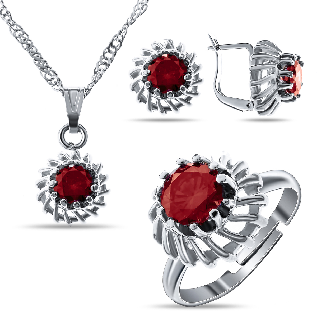 Комплект украшений Teosa: колье, серьги, кольцо, цвет: серебряный, красный. T-SET-123