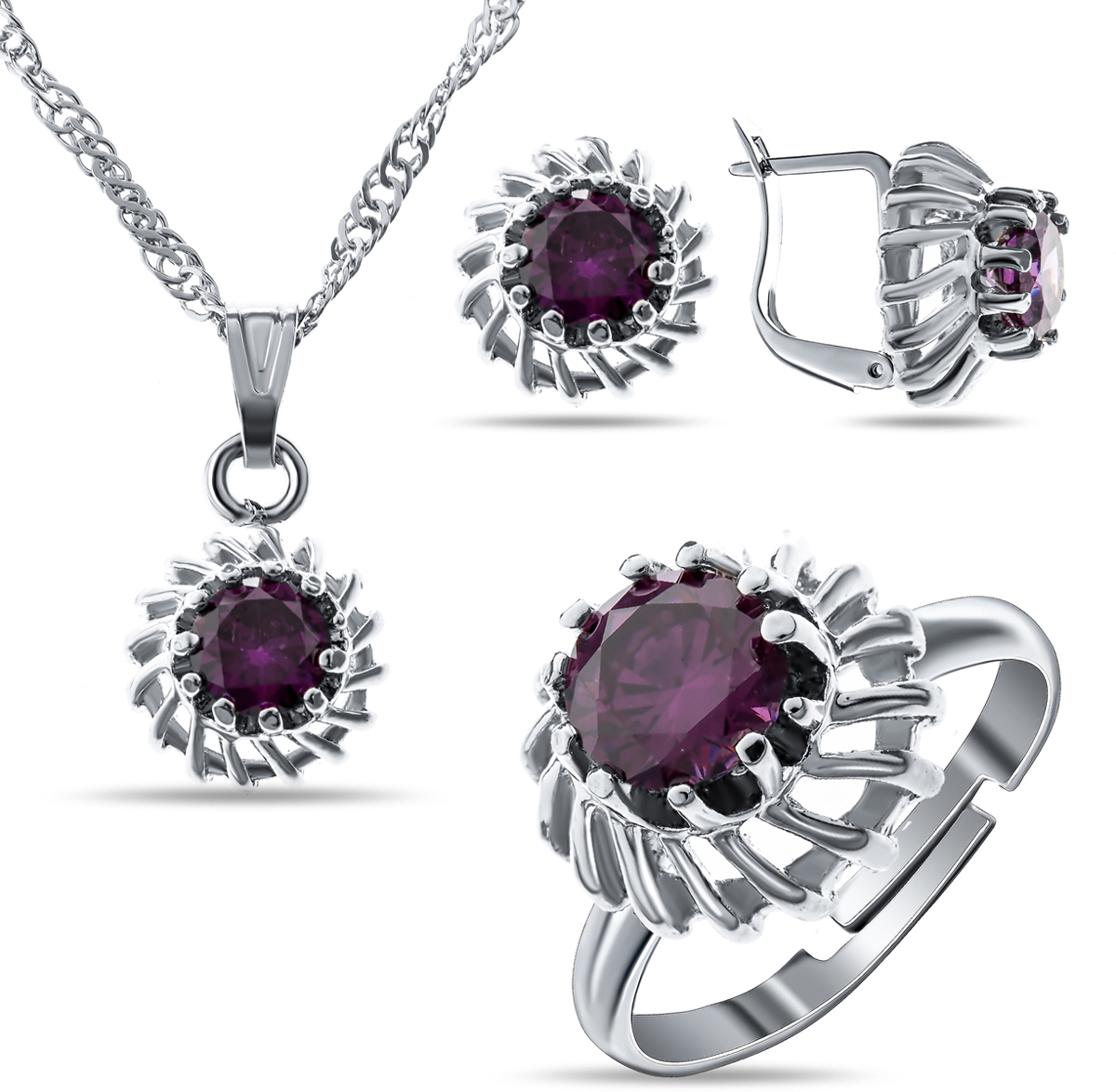 Комплект украшений Teosa: колье, серьги, кольцо, цвет: фиолетовый, серебристый. T-SET-136