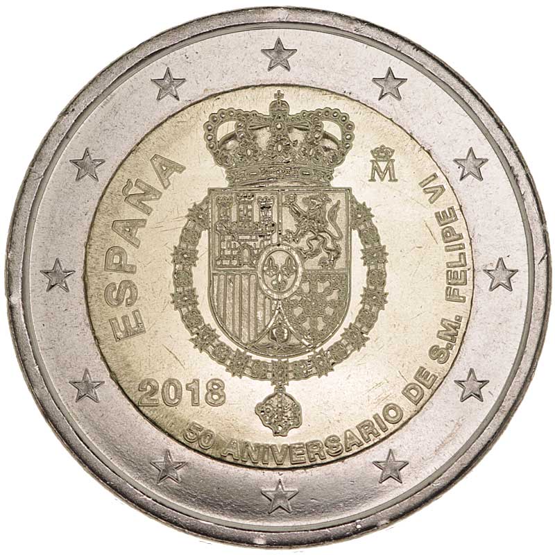 Монета номиналом 2 евро Испания, 50-летие короля Филиппа VI, 2018 год