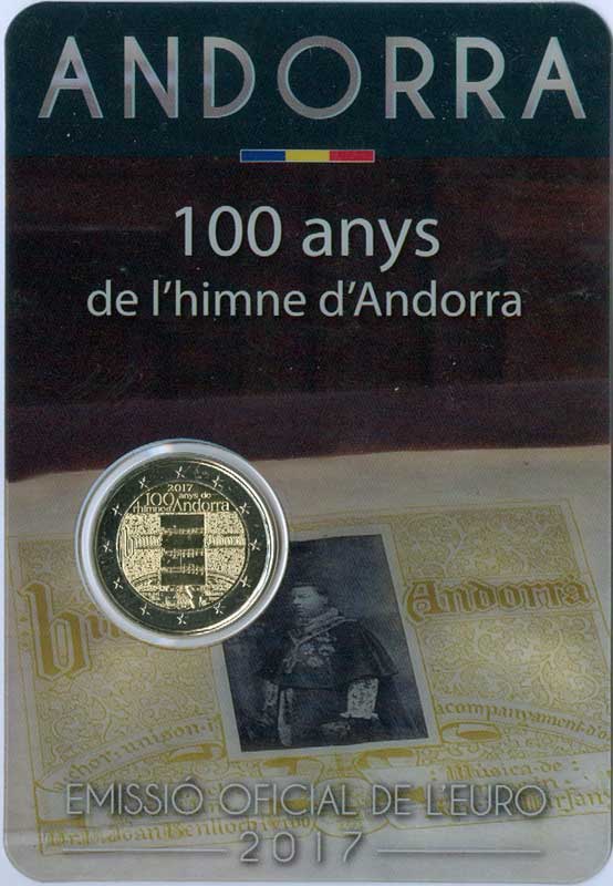 Монета номиналом 2 евро в блистере, Андорра, 100 лет гимну Андорры, 2017 год