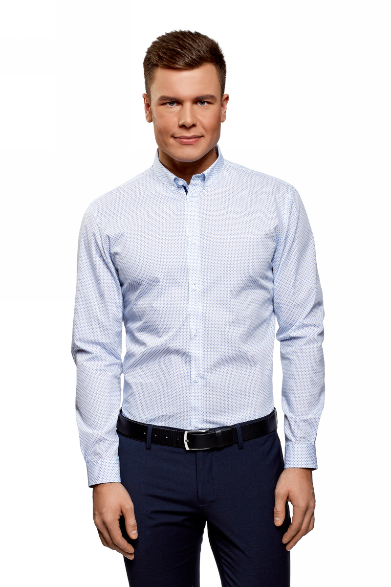 Рубашка мужская oodji Basic, цвет: белый, индиго. 3B110027M/19370N/1078G. Размер 42 (52-182)