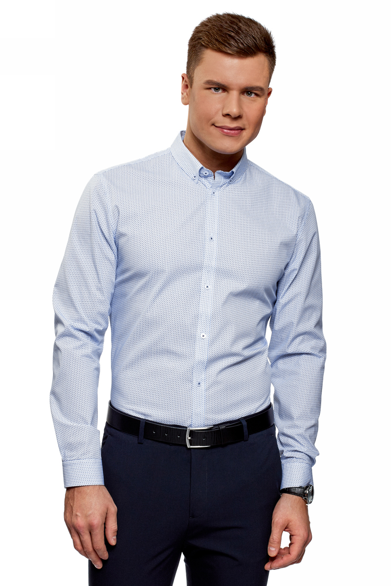 Рубашка мужская oodji Basic, цвет: белый, синий. 3B110027M/19370N/1075G. Размер 43 (54-182)