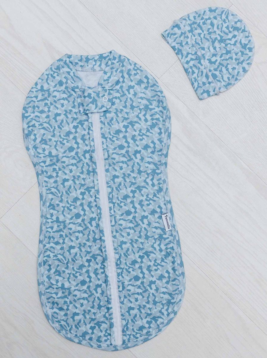 Спальный мешок для новорожденных Pecorella Army Desing, с шапочкой, цвет: светло-серый, синий. 2000000001296. Размер 50