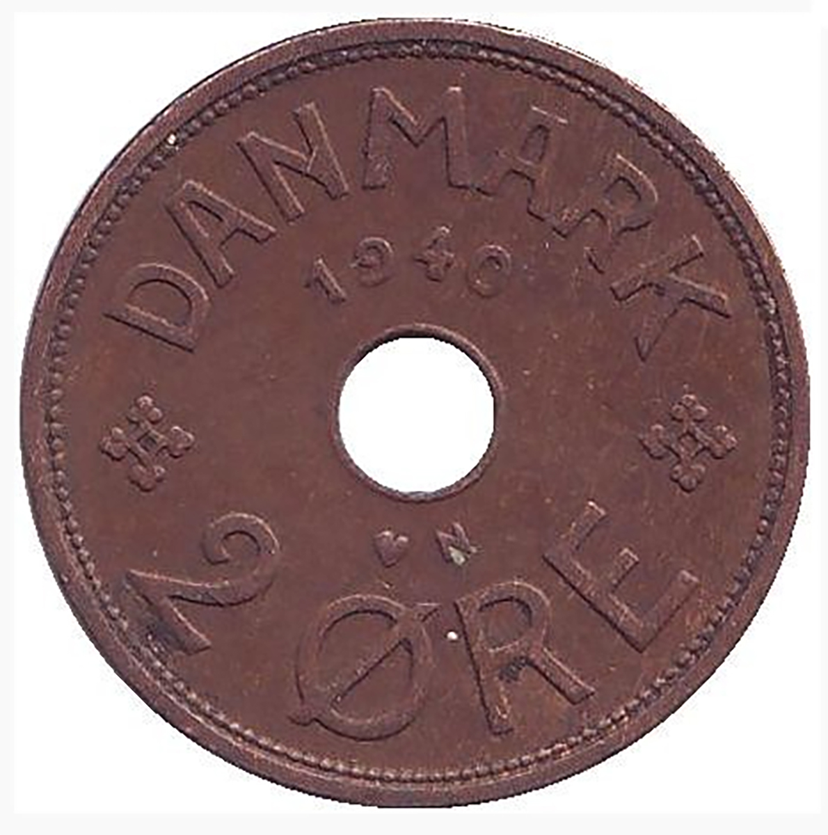 Монета номиналом 2 эре. Дания, 1940 год.