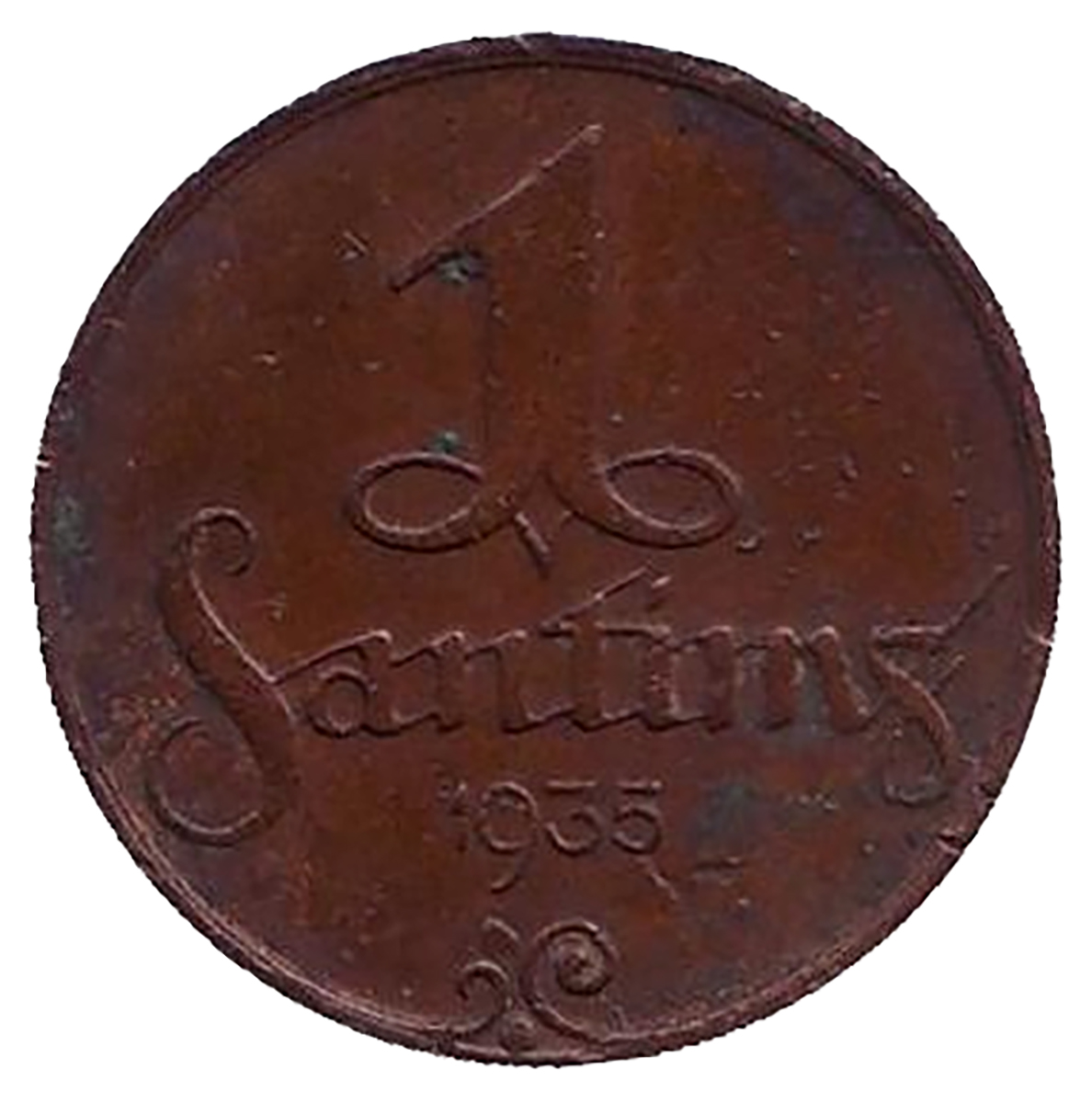 Монета номиналом 1 сантим. Латвия, 1935