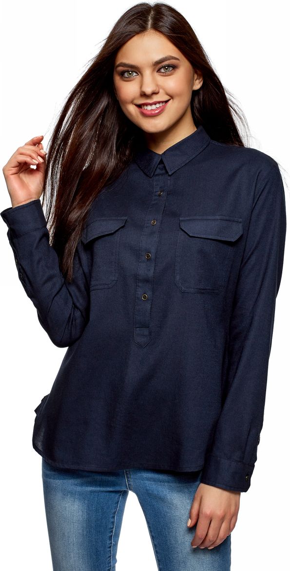 Рубашка женская oodji Ultra, цвет: темно-синий. 13L11009/45608/7900N. Размер 34-170 (40-170)