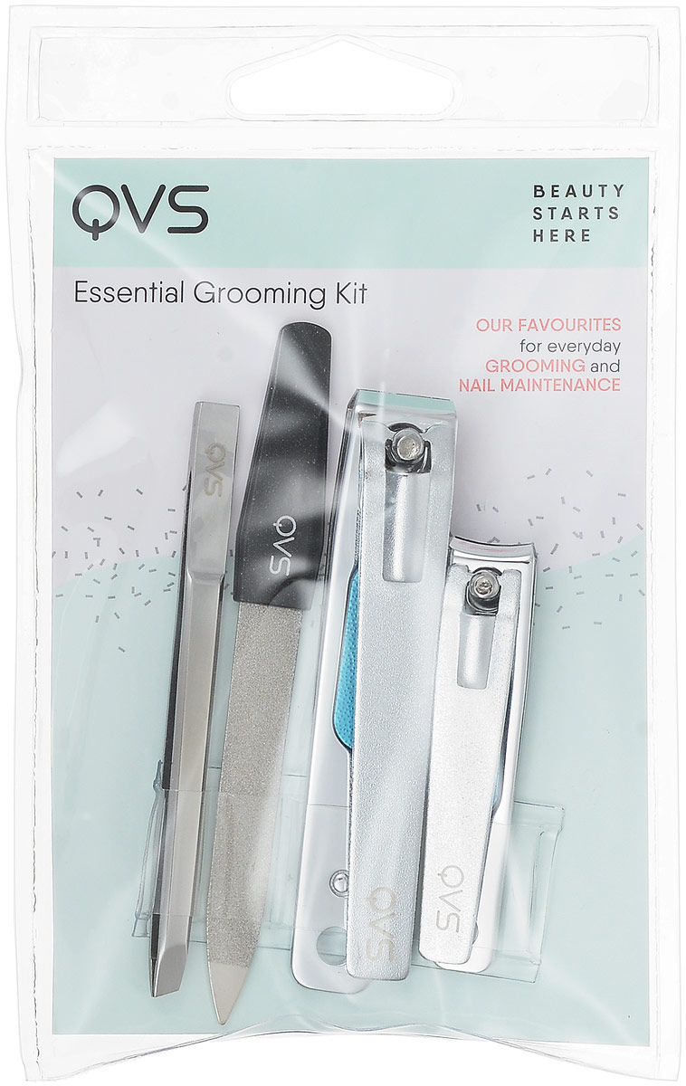 QVS Набор инструментов: кусачки маникюрные, кусачки педикюрные, пилочка для ногтей, пинцет