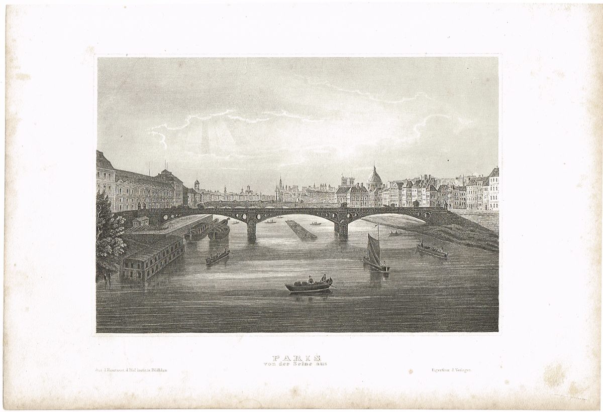 Париж. Вид на Сену. Офорт, гравюра. Германия, 1850 гг