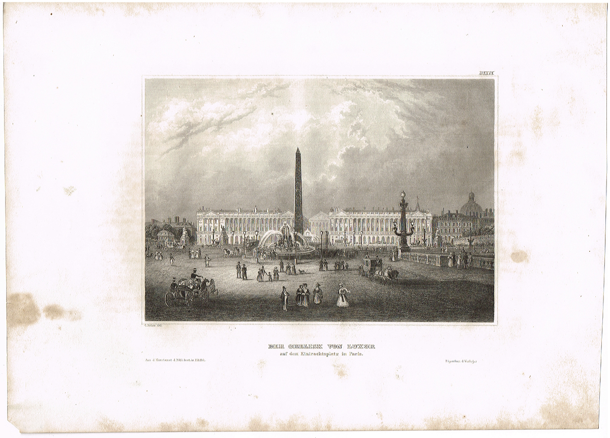 Обелиск Луксора на Площади Согласия в Париже. Офорт, гравюра. Германия, 1847 год