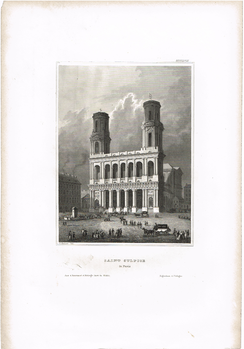 Сен-Сюльпис в Париже. Офорт, гравюра. Германия, 1830-1840 гг