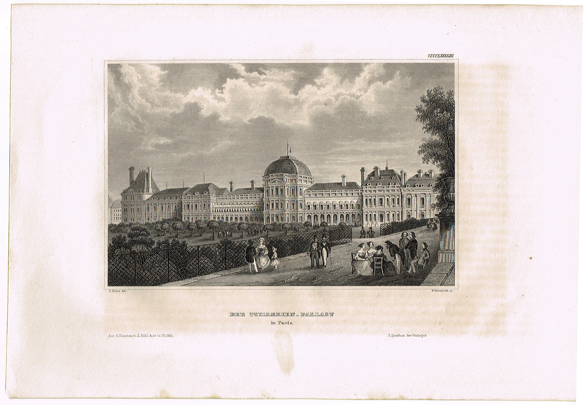 Дворец Тюильри в Париже. Офорт, гравюра. Германия, 1844 год