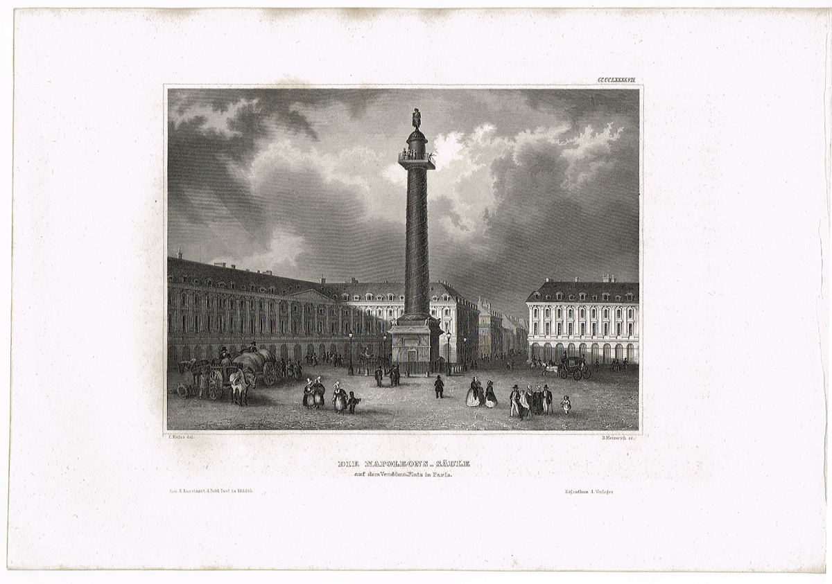 Колонна Наполеона на Вандомской площади в Париже. Офорт, гравюра. Германия, 1844 год