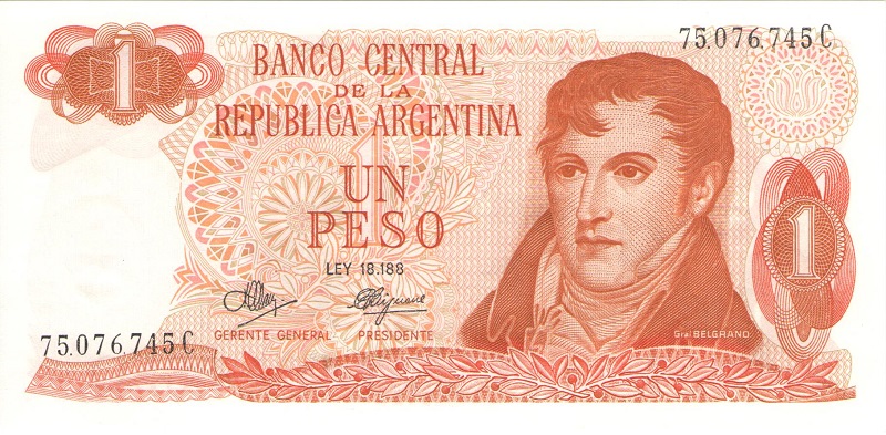 Банкнота номиналом 1 песо. Аргентина. 1970-1973 года (подпись тип 2)