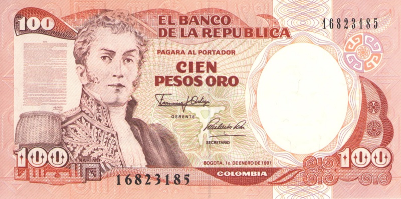 Банкнота номиналом 100 песо. Колумбия. 1991 год