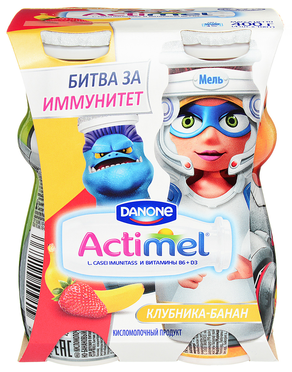 Актимель Продукт кисломолочный, Детский Клубника-банан 2,5%, 4 шт по 100 г био баланс напиток кисломолочный биотан 1 9% 930 г