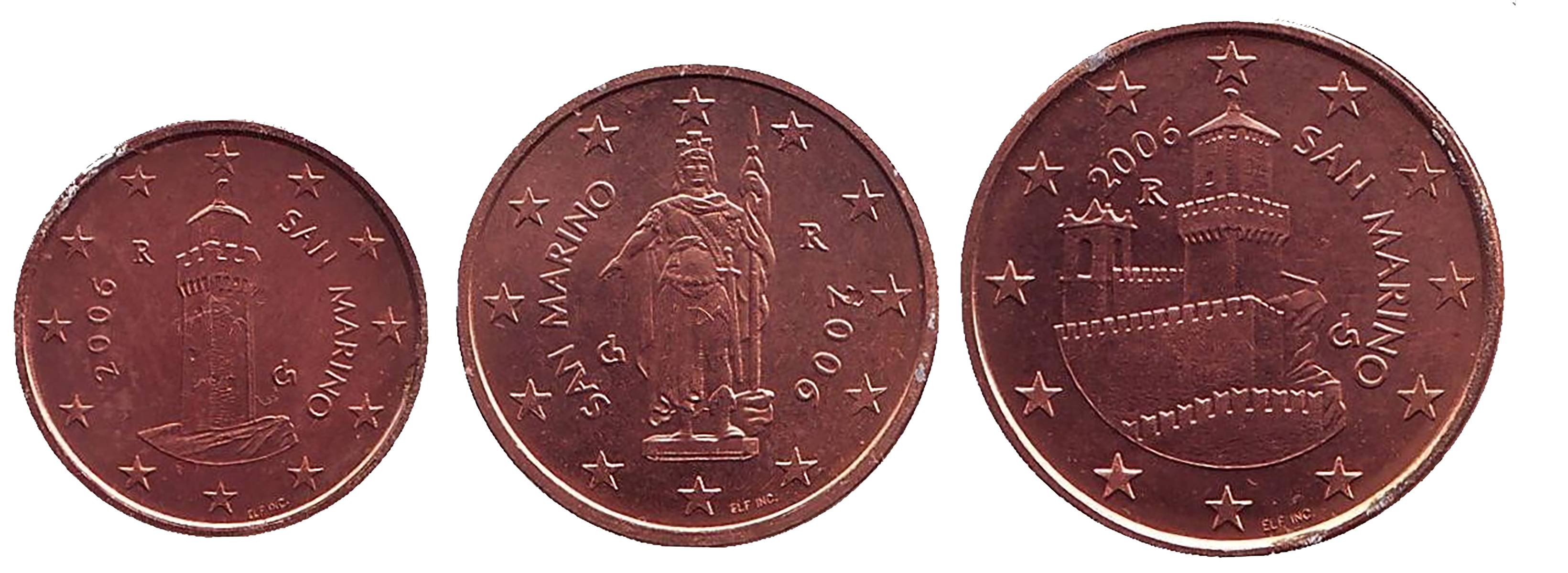 Монеты номиналом 1, 2 и 5 центов. Сан-Марино, 2006 (комплект из 3 монет)