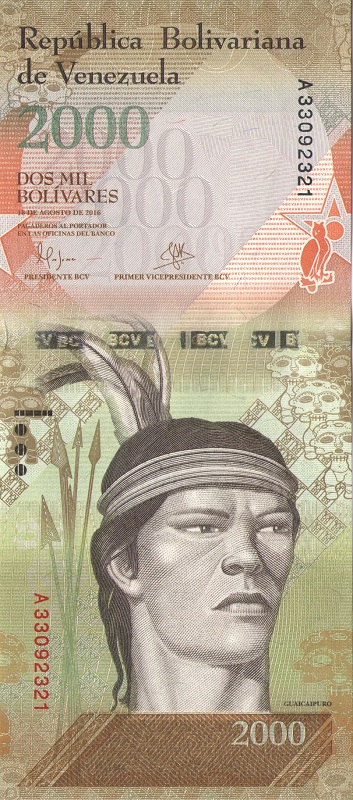 Банкнота номиналом 2000 боливаров. Венесуэла. 2016 год