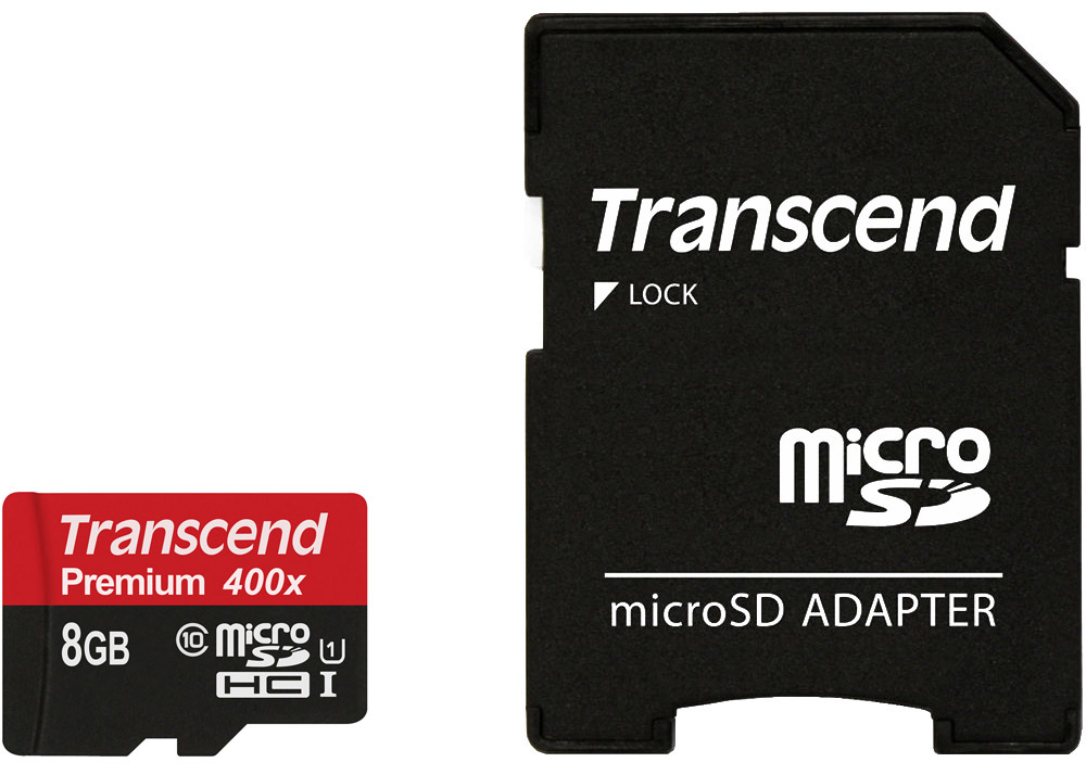 Transcend microSDHC Class 10 UHS-I 400x 8GB карта памяти с адаптером (TS8GUSDU1)