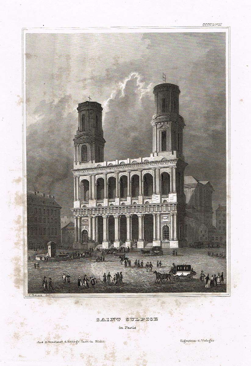 Церковь Сен-Сюльпис в Париже (Saint Sulpice in Paris). Гравюра, офорт. Германия, 1840-1850 гг