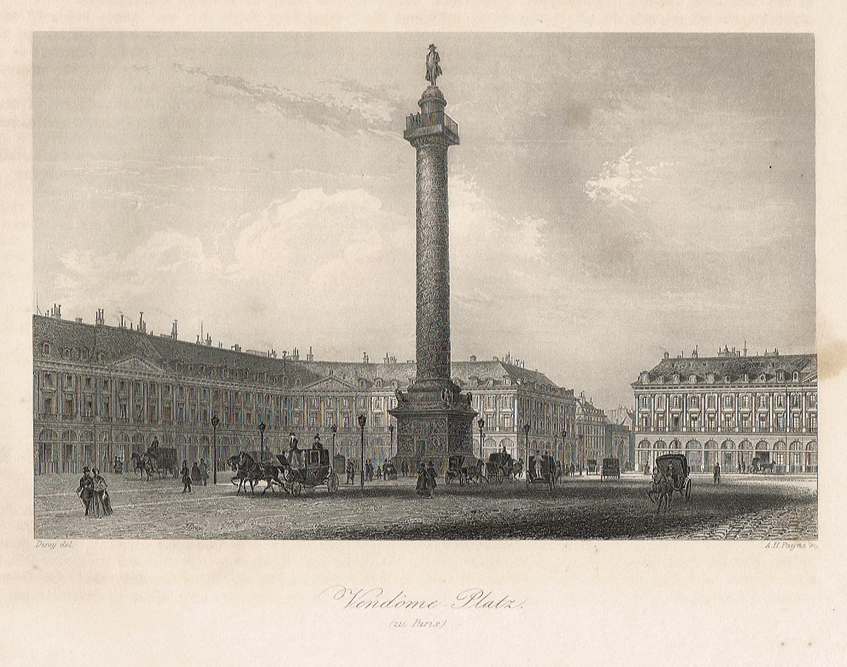 Вандомская площадь в Париже (Vandome Platz (zu Paris)). Гравюра, офорт. Германия, 1840-1850 гг