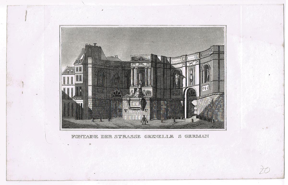 Фонтан на улице Гренель (Fontaine der Strasse Grenelle s German). Гравюра, офорт. Германия, 1840 гг