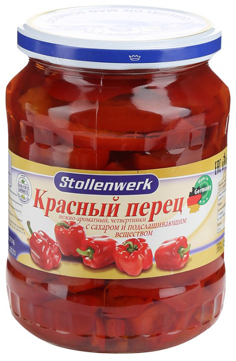 Stollenwerk Красный перец нежно-ароматный четвертинки, 720 г stollenwerk горошек молодой деликатесный 720 мл