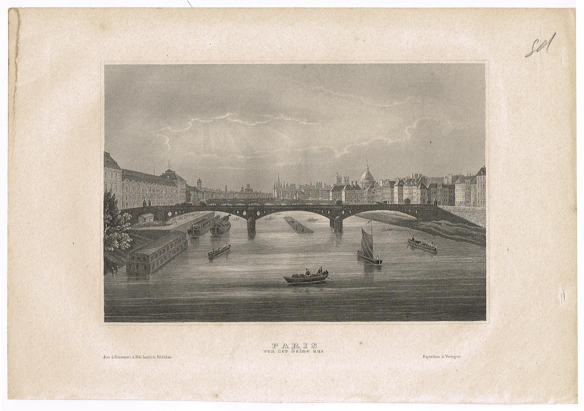 Парижская Сена (Paris von der Seine aus). Гравюра, офорт. Германия, середина XIX века