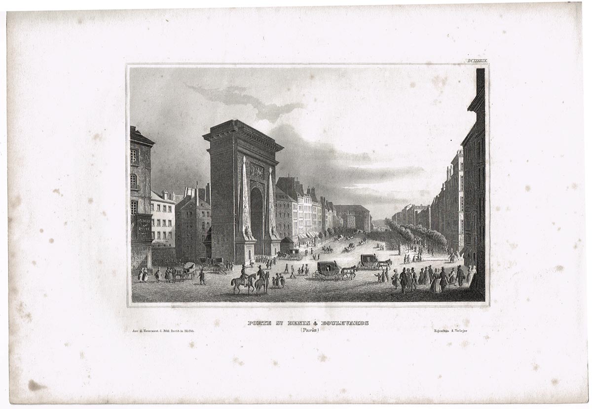 Ворота Сен-Дени в Париже (Porte St.Denis & Boulevards(Paris)). Гравюра, офорт. Германия, середина XIX века