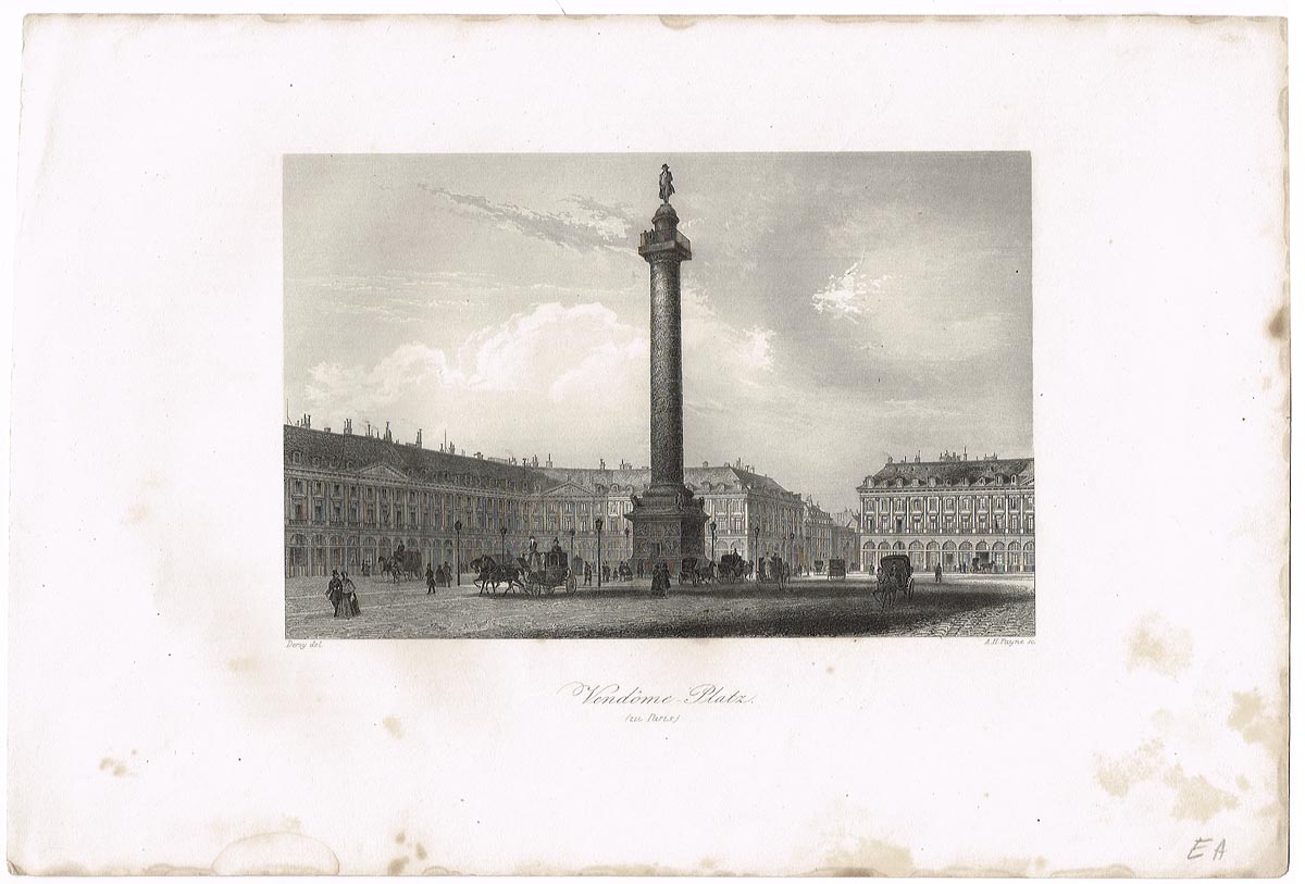 Вандомская площадь, Париж (Vendome-Platz zu Paris). Гравюра, офорт. Германия, середина XIX века