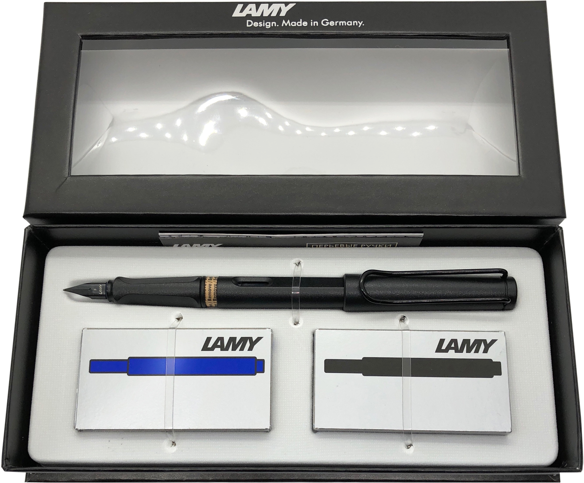 Lamy Набор: ручка перьевая Safari цвет корпуса черный + картриджи 2 шт
