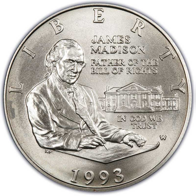 Монета номиналом 50 центов 1993 США Джеймс Мэдисон. Билль о Правах, серебро UNC