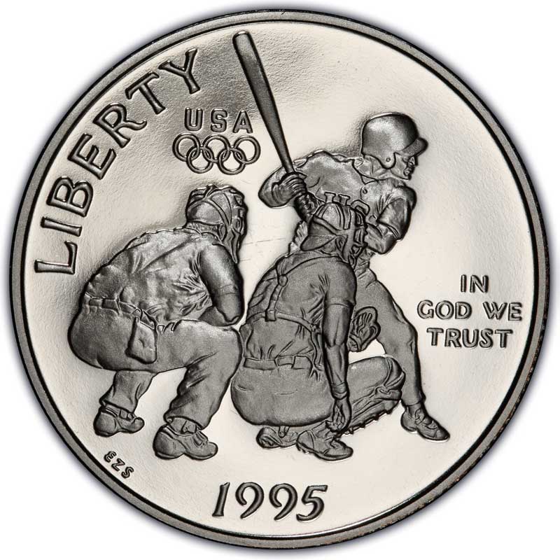 Монета номиналом 50 центов 1995 США Олимпиада в Атланте, Бейсбол Proof