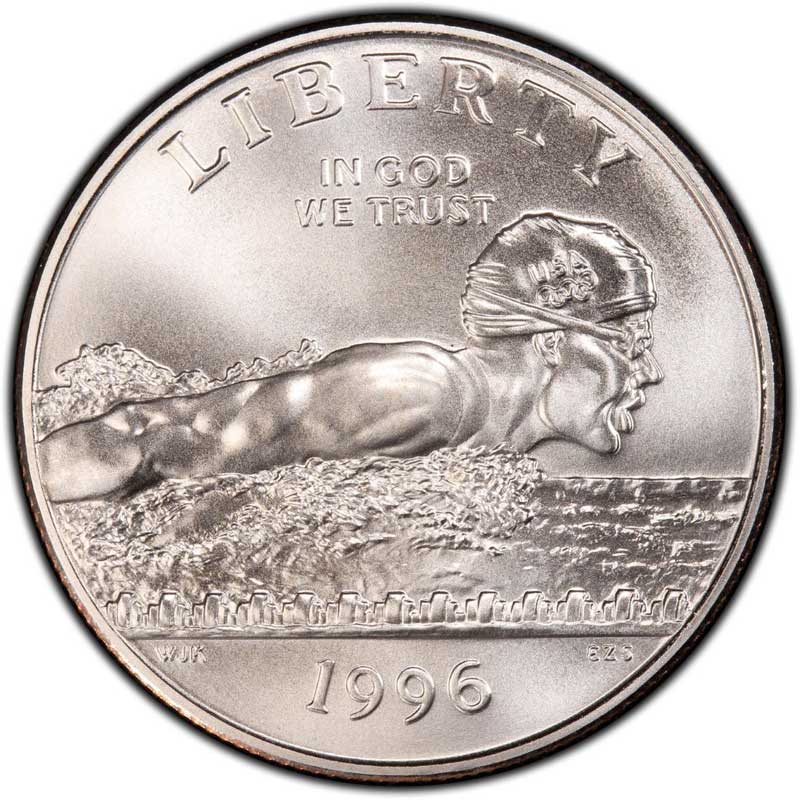Монета номиналом 50 центов 1996 США Олимпиада в Атланте, Плавание UNC