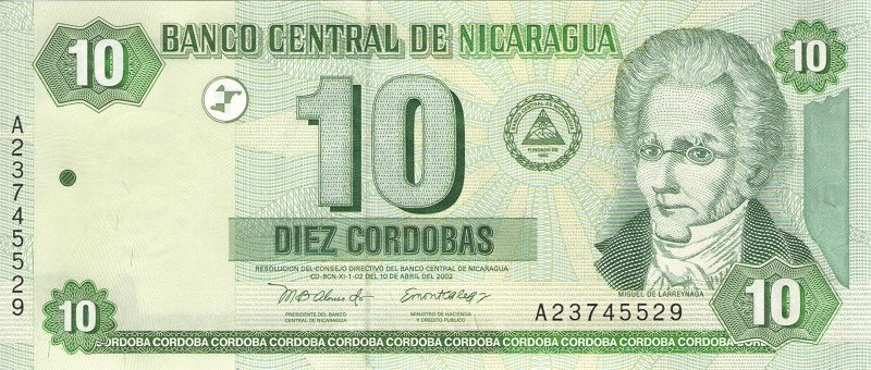 Банкнота номиналом 10 кордоб. Никарагуа. 2002 год