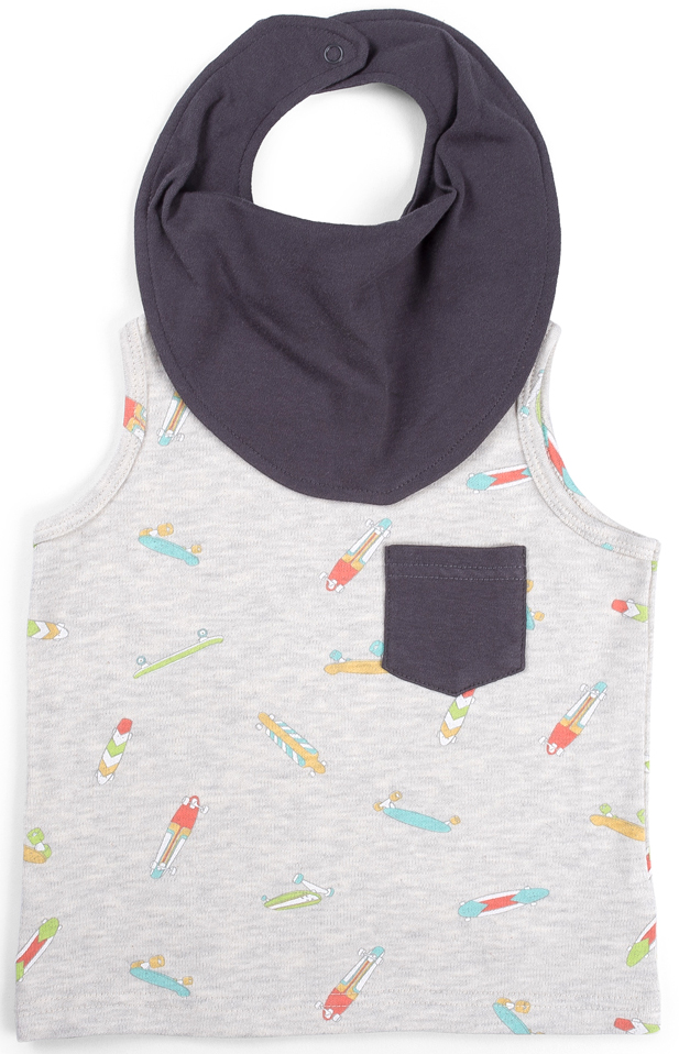 Комплект одежды для мальчика Happy Baby: майка, нагрудный фартук, цвет: серый, черный. 88003. Размер 98