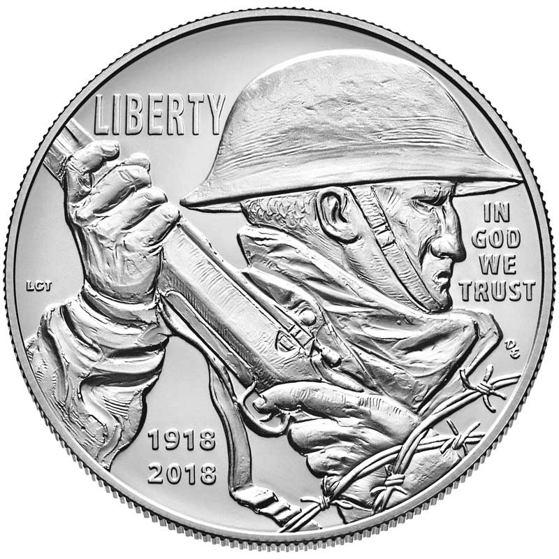 Монета номиналом 1 доллар 2018 США, Первая Мировая война, серебро UNC