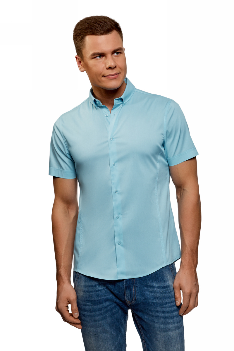 Рубашка мужская oodji Basic, цвет: бирюзовый. 3B240000M/34146N/7300N. Размер 38 (44-182)