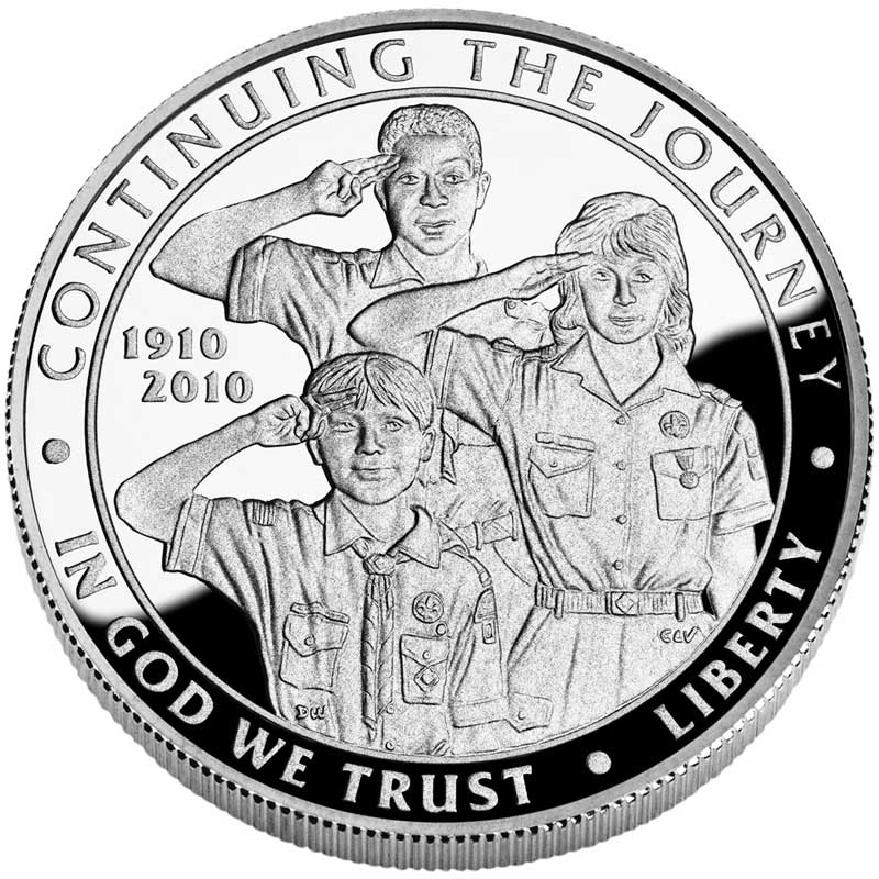 Монета номиналом 1 доллар 2010 100 лет Бой скаутам Америки, белый металл proof