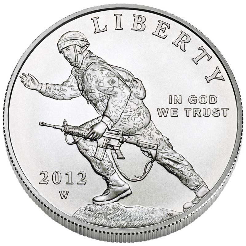 Монета номиналом 1 доллар 2012 США Пехотинец, белый металл UNC