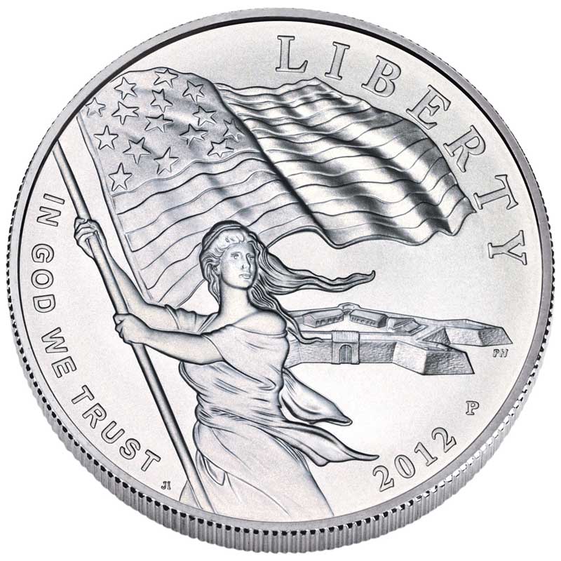 Монета номиналом 1 доллар 2012 США Звездный флаг, белый металл proof