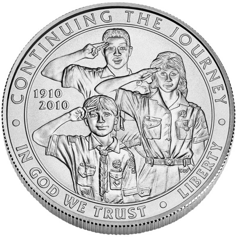 Монета номиналом 1 доллар 2010 100 лет Бой скаутам Америки, белый металл UNC