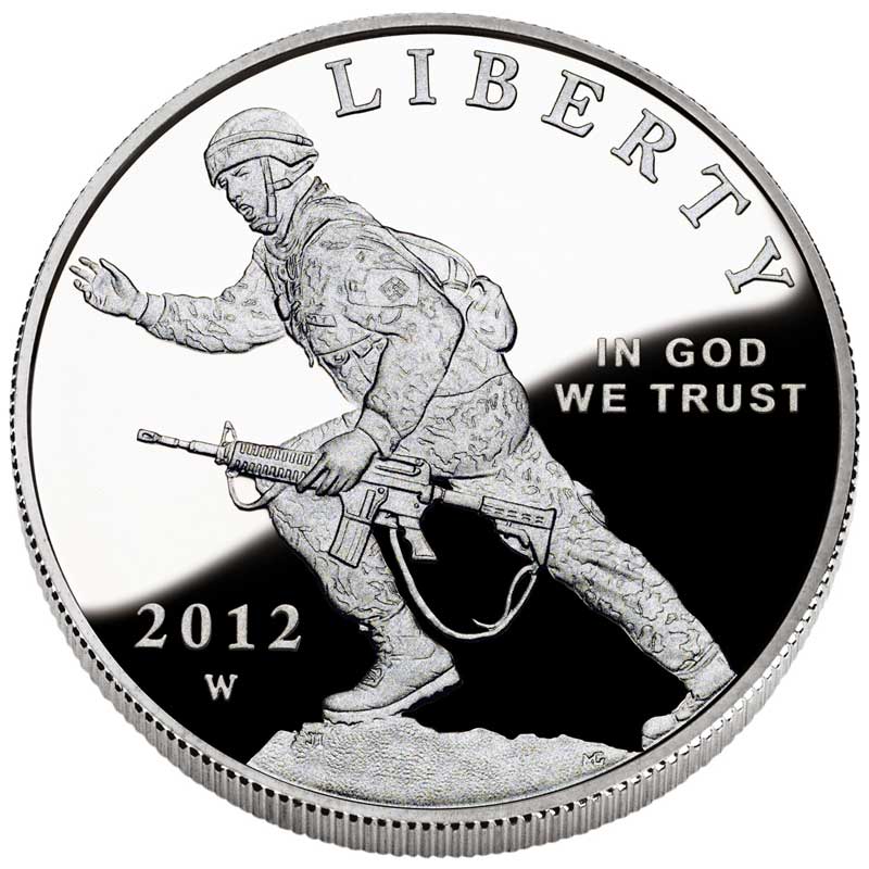 Монета номиналом 1 доллар 2012 США Пехотинец, белый металл proof