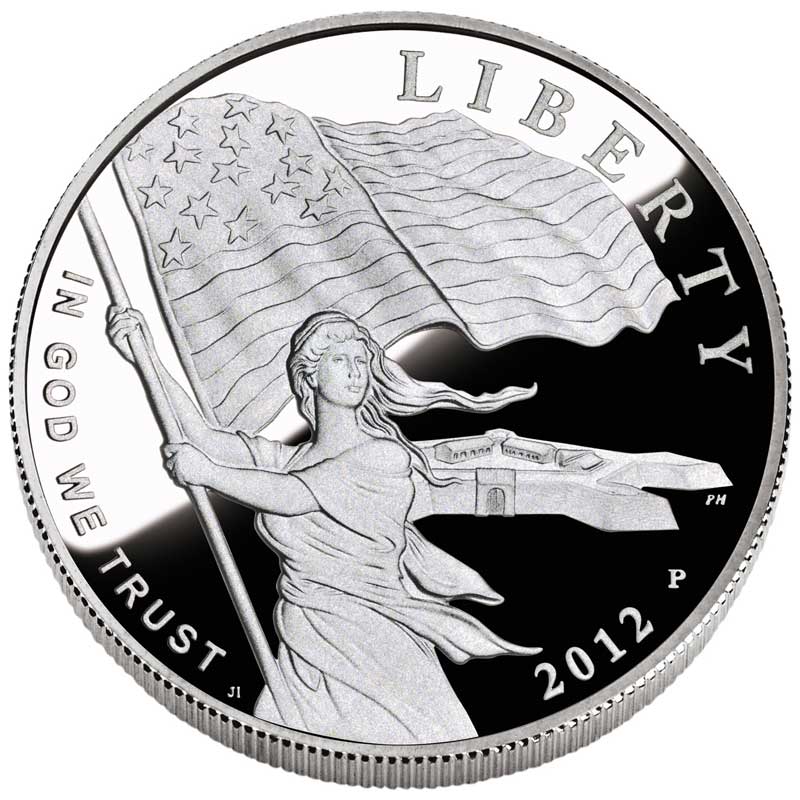 Монета номиналом 1 доллар 2012 США Звездный флаг, белый металл proof