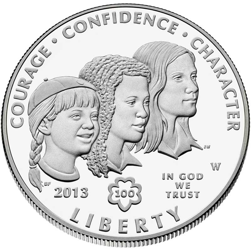 Монета номиналом 1 доллар 2013 США Девочки скауты, белый металл Proof
