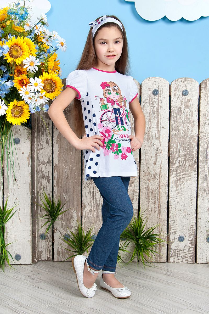 Комплект для девочки Soni Kids Каникулы Мари: футболка, лосины, цвет: белый, синий. Л7121001-80кф. Размер 80