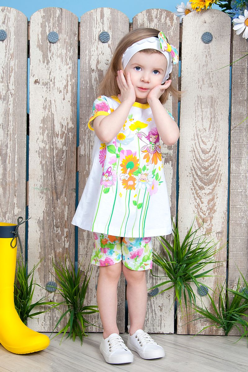 Комплект для девочки Soni Kids Феечка: туника, шорты, повязка на голову, цвет: белый, зеленый, желтый. Л7121014-74к. Размер 74