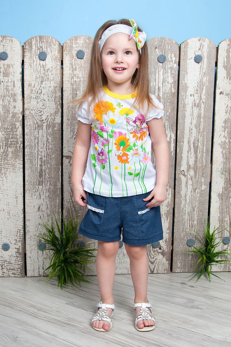 Комплект для девочки Soni Kids Феечка: футболка, шорты, цвет: белый, желтый, синий. Л7121013-74кф. Размер 74