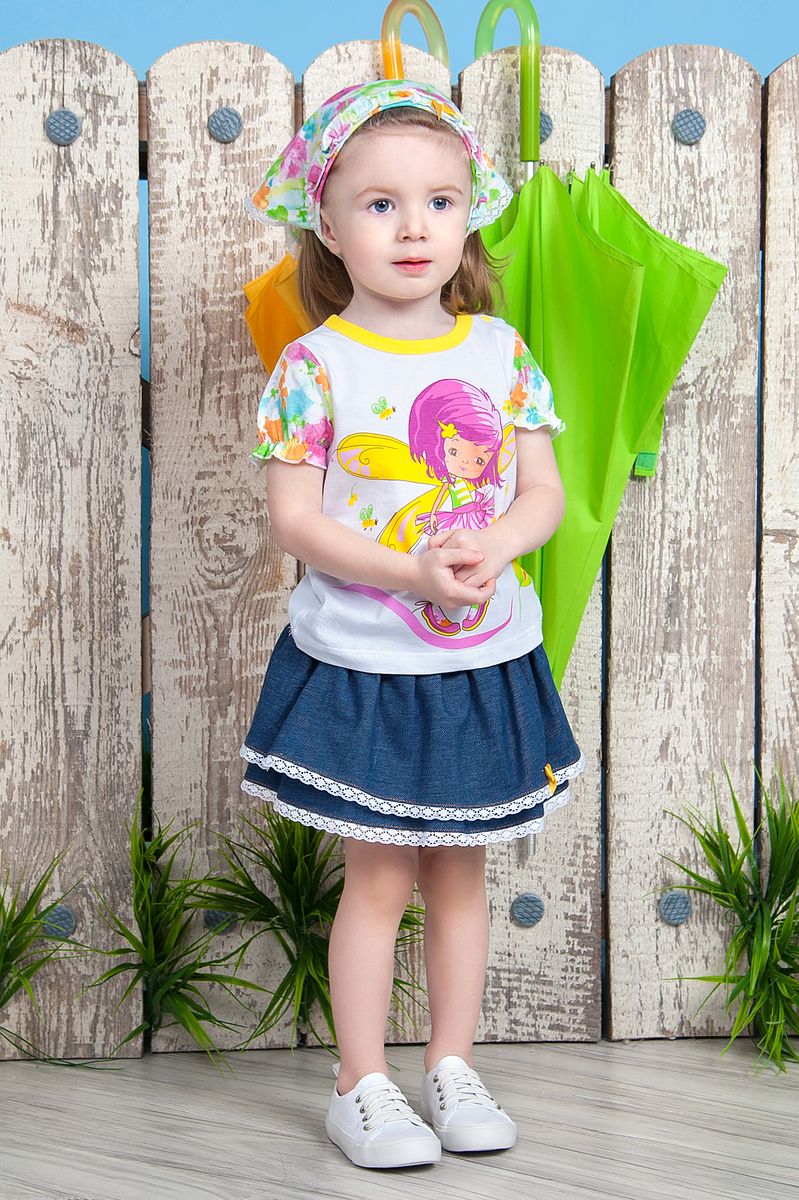 Комплект для девочки Soni Kids Феечка: футболка, юбка, цвет: белый, желтый, синий. Л7121017-74кф. Размер 74
