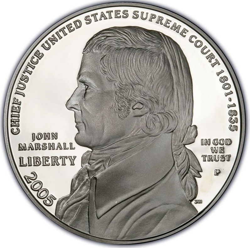 Монета номиналом 1 доллар 2005 Джон Маршалл, белый металл proof