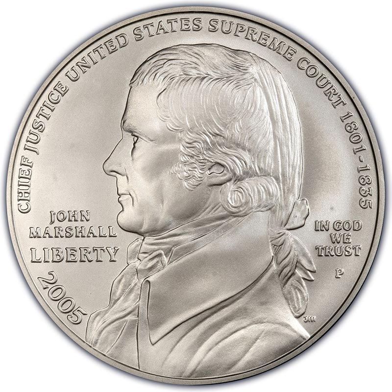 Монета номиналом 1 доллар 2005 Джон Маршалл, белый металл UNC